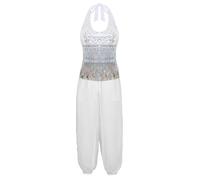 winying Womens Belly Dance Training Outfit Shiny Lace-up Halter Sequin Tassel Crop Top & Harem Pants Silver One Size