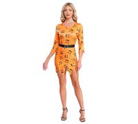 winying Women's Halloween Raves Dress Spooky Pumpkin Print Long Sleeve Jagged Trim Bodycon Mini Party Orange S