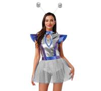 winying Women's Metallic Tulle Hem Bodysuit Alien Robot Astronaut Cutout Costume with Headwear Silver S
