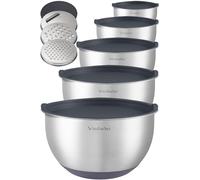 Winzbacher Stainless Steel Bowl with Lid [Set of 5] 1L + 1.5L + 2.5L + 3.5L + 4.5L | Mixing Bowl, Salad Bowl, Bowl Set | Non-Slip | Stackable | Dishwasher Safe | Includes Grater