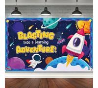 Wiooffen Back to School Classroom Decorations Outer Space Blasting into a Learning Adventure Backdrop Inspirational Hanging Banner Photo Booth Props Background for Hallway Home Wall Decor