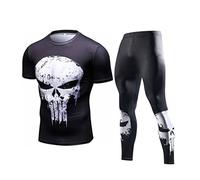 WIOSEN Mens Gym Leggings Compression Running Set Punisher Design Pants Top and Short Sleeve Leggings Cycling Fitness Wear Clothing Suit Adults Tracksuit,Set B-Adult XXL