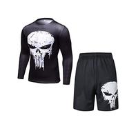 WIOSEN Mens Gym Leggings Compression Running Set Punisher Design Pants Top and Short Sleeve Leggings Cycling Fitness Wear Clothing Suit Adults Tracksuit,Set C-Adult L