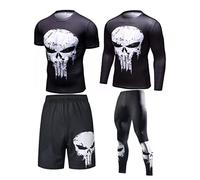 WIOSEN Mens Gym Leggings Compression Running Set Punisher Design Pants Top and Short Sleeve Leggings Cycling Fitness Wear Clothing Suit Adults Tracksuit,Set G-Adult XXXL