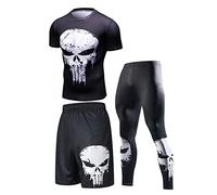 WIOSEN Mens Gym Leggings Compression Running Set Punisher Design Pants Top and Short Sleeve Leggings Cycling Fitness Wear Clothing Suit Adults Tracksuit,Set E-Adult XXXL
