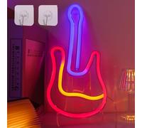 WIOSOUL Guitar Music Note Neon Sign, 14x30 cm, Glass, Modern Style, Wall Mount or Tabletop, Battery or USB Powered, 2 Hooks, Indoor, Bedroom Decor