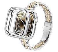wipalor Slim Stainless Steel Straps with Case for Apple Watch Straps Women 45mm 44mm 42mm(Series 3 2 1), Metal iWatch Strap and Cover for Apple Watch Strap Series 9 8 7 6 5 4 3 2 1 SE, Silver and Gold