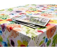 Wipe Clean PVC Vinyl Outdoor Table cloth with Parasol Hole Round 140cm - Indoor & Outdoor - Waterproof Garden Tablecloth Cover (Green, Pink Watercolour PVC Vinyl, Silver Ring Finish)