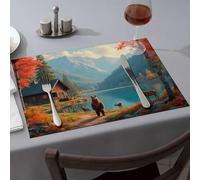 Wipeable Placemats Autumn Serenity: Cabin By The Lake With Wildlife Dining Place Mats Placemats Modern Farmhouse Decor(6PCS)