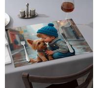 Wipeable Placemats Child And Dog In The Rain Dining Place Mats Placemats Modern Farmhouse Decor(6PCS)