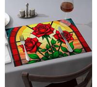 Wipeable Placemats Three Red Roses In Stained Glass Dining Place Mats Placemats Modern Farmhouse Decor(1PCS)