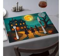 Wipeable Placemats Three Witches Walk Towards A Haunted House On Halloween Night Dining Place Mats Easter Placemats Kitchen & Table Linens(1PCS)