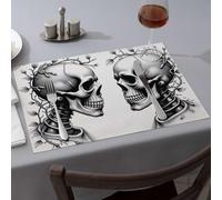 Wipeable Placemats Two Skulls Facing Each Other with Vines Growing Around Them Dining Place Mats Easter Placemats Kitchen & Table Linens(6PCS)