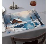 Wipeable Placemats Winter Cabin By The River Dining Place Mats Placemats Modern Farmhouse Decor(4PCS)