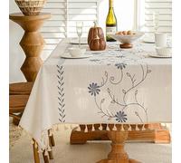 Wipeable Tablecloths, Rectangular Tablecloths, 140X140Cm Faux Linen Waterproof Table Cloth Wipe Clean Tassel Table Cover Daisy Flower Embroidery Dining Table Cover For Kitchen Outdoor Garden