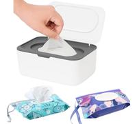 Wipes Dispenser with 2Pcs Portable Travel Refillable Wipe Holder,Reusable Wipe Holder Box Flushable Wipes Case Bathroom Wipes Container for Pet Nursery Office Counter Baby Shower Gifts(White-Grey)