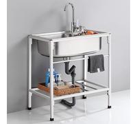 WIQUYBML 304 Stainless Steel Freestanding Commercial Kitchen Sink - 71x47x85cm Bar or Prep with Hot Cold Mixer Tap, Storage Shelf & Drainage Basket