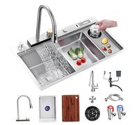 WIQUYBML 32.3-Inch Large Kitchen Workstation Sink, with Pull-Out Faucet, Cup Washer & Drain Set, Stepped Waterfall 304 Stainless Steel Bar Farmhouse Sink