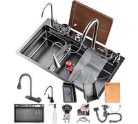 WIQUYBML 75x45cm Kitchen Sink Black with Waterfall, Stainless Steel Single Bowl LED Waterfall Tap for Workplace, Mobile Cutting Board and Drain Set Sink, Modern Multifunctional