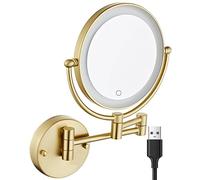WIQUYBML 8-Inch Dual-Sided Lighted Makeup Mirror - Rechargeable, Touch Screen, Dimmable, 3X Magnification, Swivel Design Brushed Gold Vanity for Bathroom & Hotel Use