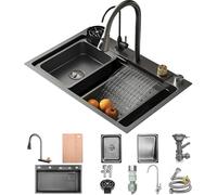 WIQUYBML 85 x 50 cm Modern Stainless Steel Kitchen Sink, Undermount, 1 Basin, Black-grey, 5-hole, Rectangular, Basket Strainer, 22 Depth, 85x50x22CM