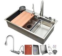 WIQUYBML 85 x 50 cm, Waterfall Sink, 1 Rectangular Basin, Brushed Stainless Steel, Large Kitchen Sink with Pull Out Tap, Siphon, Overflow and Drain
