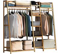 WIQUYBML Bamboo Coat Rack, Free Standing Garment Rack, Open Wardrobe Closet with 7 Shelves and One Top Rod for Hanging Clothes Bedroom, Clothes Rails Max Load 220lbs