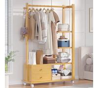 WIQUYBML Bamboo Heavy Duty Clothes Rail with Hanging Clothing Rail Shoe Rack, Storage Shelves Coat Hooks,Open Storage Shelves,Mobile Garment Rack,Clothes Rails for Bedroom Office,100cm