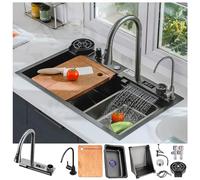 WIQUYBML Black Grey Nano Kitchen Sink Workplace Sinks with Multifunctional Digital Display Extendable Tap 304 Stainless Steel Waterfall (80 x 46 cm), Accessories