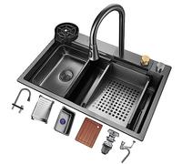 WIQUYBML Black Nano Kitchen Sink Stainless Steel Waterfall Set Nano-Coated Workstation With Pull-Out Faucet And Cup Washer Pressurized Glass Rinser (Color : A, Size 75x45x22cm)