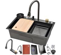 WIQUYBML Black Stainless Steel Kitchen Sink - Multifunctional Workstation with Extendable Waterfall Tap, High Pressure Cup Rinse, Chopping Board, Siphon Drain Basket, Overflow and Fitting