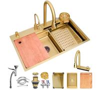 WIQUYBML Black Stainless Steel Kitchen Sink, Waterfall Single Bowl Workstation multifunctional Top-Mount Nano Coating Bar Sink with Pull-Out Faucet, Siphon, Overflow and Drain set(Gold#1A,