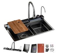 WIQUYBML Black Stainless Steel Kitchen Sink with Waterfall Design and Pull-Out Tap, Nano-Coated Single in Country House Style LED Display, Glass Rinser Chopping Board, Large Volume