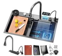 WIQUYBML Black Waterfall Kitchen Sink, 1 Basin, Stainless Steel, Rectangular, Siphon, Overflow and Drain Set, Multifunctional Modern Sink with Accessory Set (80 x 45 cm)