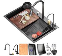 WIQUYBML Black Waterfall Kitchen Sink, Drop in Single Bowl Stainless Steel Bar Sink with Cup Washer Sinks, Topmount Workstation Accessories (Color : Black, Size 80x45x22CM)