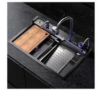 WIQUYBML Black Waterfall Kitchen Sink With Multi-function Faucet, Cup Washer, Drain Knob, Drinking Faucet & Set, Large Workstation Sink, Gold Bar Prep For Drop In(Black,80x46x22cm)