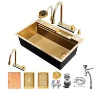 WIQUYBML Gold Kitchen Sink, 85 x 50 cm, 1 Basin, Stainless Steel Rectangular Sink with 5 Tap Holes Golden Waterfall and a Complete Set of Accessories