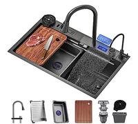 WIQUYBML Intelligence Stainless Steel Waterfall Sink With Display Screen Single-Bowl Kitchen Workstation Nano-Coated Pull-Out Faucet And Cup Washer (Color : Black, Size 75x45x22c