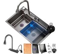 WIQUYBML Kitchen Black Waterfall Sink, Stainless Steel Left Faucet, Multifunctional Single Bowl Sink- 50cm Large Workstation Sink With Pull-Out Siphon, Overflow And Drain S