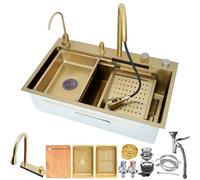 WIQUYBML Kitchen Black Waterfall Sink, Stainless Steel Left Faucet, Multifunctional Single Bowl Sink- 50cm Large Workstation Sink With Pull-Out Siphon, Overflow And Drain S