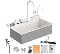 WIQUYBML Kitchen Sink,304 Stainless Steel Nano Waterfall Sink,LED Temperature Display Sink, with Pull-Out Faucet, Cup Washer & Drain Knob Farmhouse Sink (Color : White, Size 68x46cm)