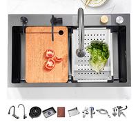 WIQUYBML Kitchen Sink Black Grey Stainless Steel Waterfall Single Bowl WorkstationWith Pull Down Sprayhead Faucet With Multiple Accessories (Size : 80x45x22cm)