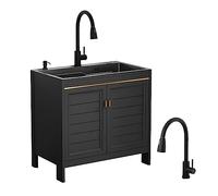 WIQUYBML Kitchen Sink Commercial Single Bowl Utility Stainless Steel Stand Alone with Drainer Unit and Cold and Hot Water Pipe Faucet for Laundry Restaurant Indoor Outdoor Black. (Size : 23.6X17.7X3
