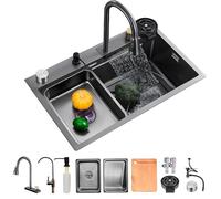 WIQUYBML Kitchen Sink for the Workplace 68 x 45 cm with Waterfall Tap, Single Bowl Set Made of Stainless Steel Black/Grey Home Use, Pressure Washer, Chopping Board, Drip Basket and Accessories