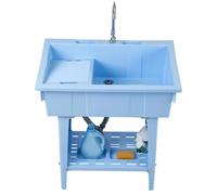WIQUYBML Kitchen Sink Free Standing Plastic Outdoor,Portable Hand Wash Station,Garden with Waste,Cold and Hot Water Faucet,Washboard,Utility Laundry Tub,for Camping,Backyard,Garage(Blue)
