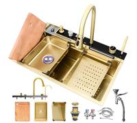 WIQUYBML Kitchen Sink, Nano Waterfall Domestic Sink Set, Vegetable Basin Single Workstation Black-Grey with Pull-Out Faucet, Pressurized Cup Washer(Gold,85CM/34.4" Premium)