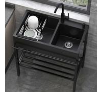 WIQUYBML Kitchen Sink Stainless Steel 1 Compartments,Free Standing,Commercial Black Outdoor Single Bowl Station Utility with Drainer Unit and Tap(Size:80x45x86cm,Color:Dual Slot)
