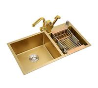 WIQUYBML Kitchen Sinks Golden, 304 Stainless Steel Deep Double-bowl Sink Basin, With pull-out hot and cold water faucet Gold Sink, Drop-In Or Undermount Installation (Color :, Size 75x40cm)