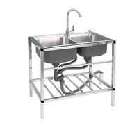 WIQUYBML Large Freestanding Workstation Sink, Stainless-Steel Kitchen 2 Compartment Commercial Utility Double Bowl Washing Hand Basin with Faucet & Baffle Plate