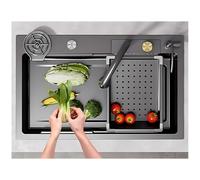 WIQUYBML Large Waterfall Kitchen Sink With Pull-out Faucet, Cup Washer, Drain Knob & Kits, Stainless Steel Workstation Sink, Black Gray Single Bowl Bar Sink(68x45x21cm)